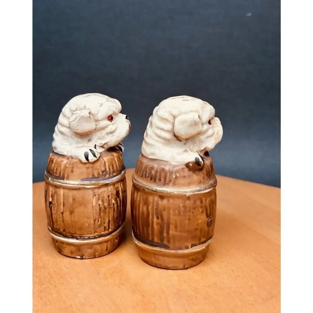 Vintage Japan Bulldog Puppy in Barrel Salt & Pepper Shakers Ceramic Dog Pair